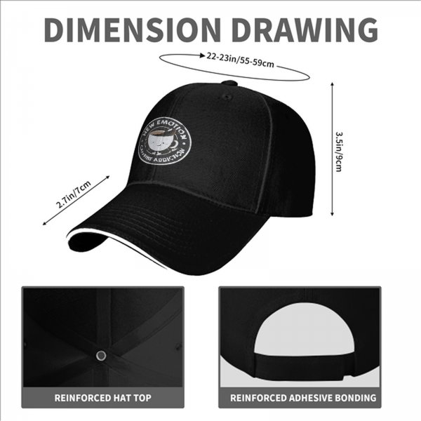 Black baseball cap with 'New Emotion Caffeine Addiction' coffee cup graphic