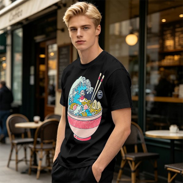 Olive T-shirt with Great Wave Ramen Bowl Graphic Design