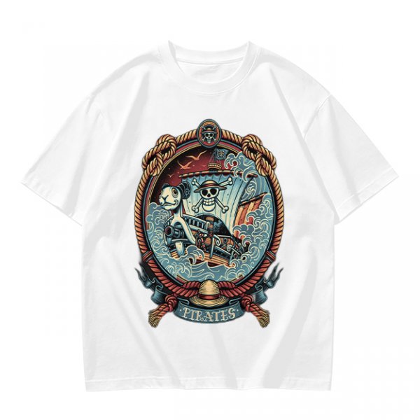 Olive Green Pirate Themed T-Shirt with Ship and Skull Graphic