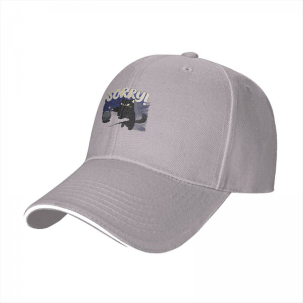 Black baseball cap with angry black cat graphic and 'SORRY!' text