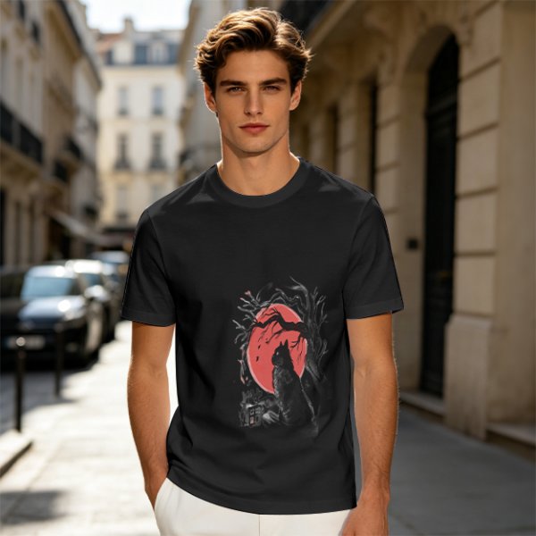 Olive T-Shirt with Black Cat and Red Moon Gothic Art Print
