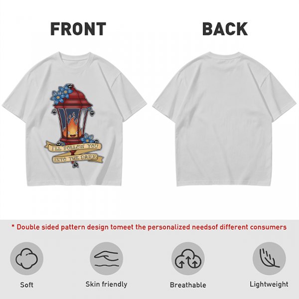 Olive t-shirt with lantern flame graphic and 'I'll follow you into the dark' text