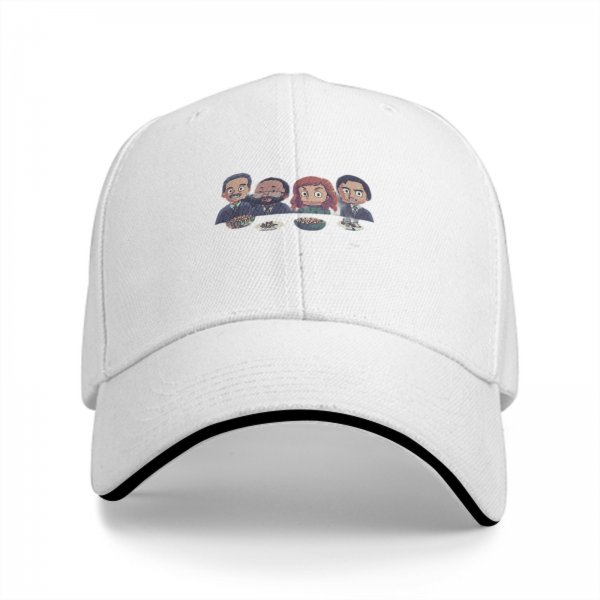 Black baseball cap with cartoon characters eating at table print