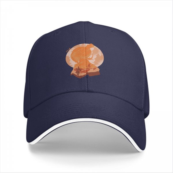 Black Baseball Cap with Orange Anime Character Silhouette Print