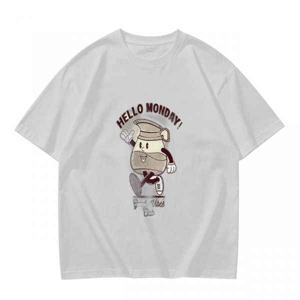 Olive Green T-Shirt with 'Hello Monday!' Coffee Character Graphic