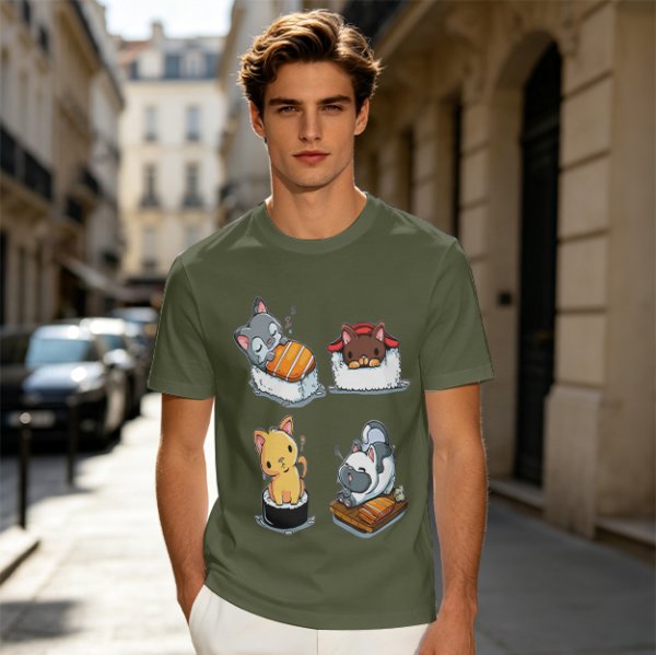 Olive T-shirt with cute cat sushi illustrations