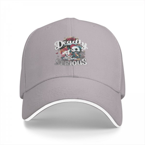 Black baseball cap with 'Deadly Serious' and whimsical skull graphic