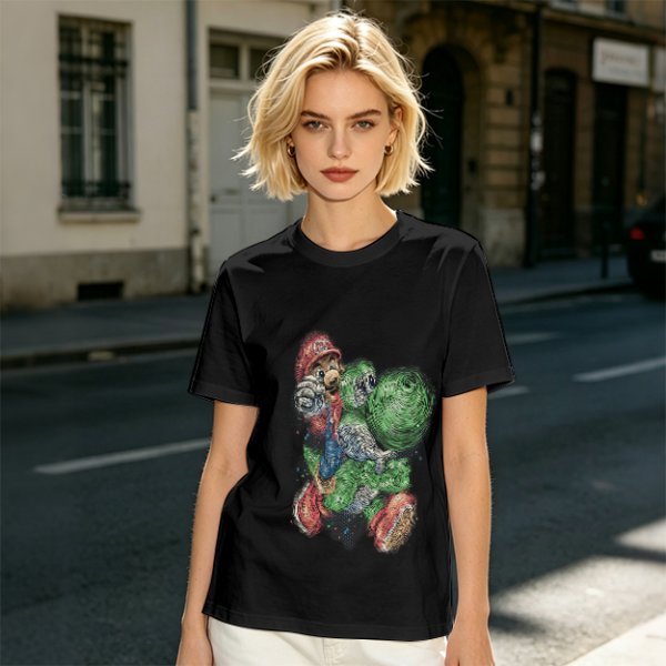 Olive T-shirt with Mario and Yoshi artistic graphic print