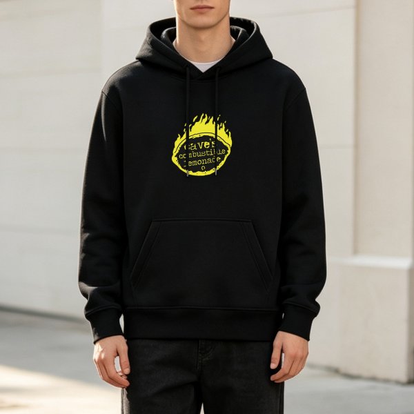 Black hoodie with Dave's Combustible Lemonade flame graphic