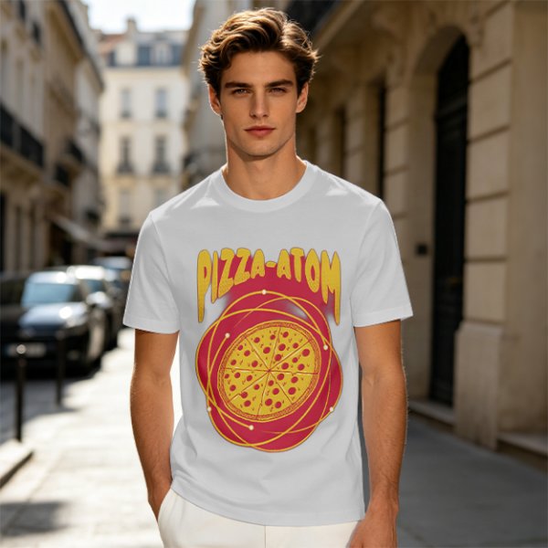 Olive green graphic t-shirt with pizza atom design