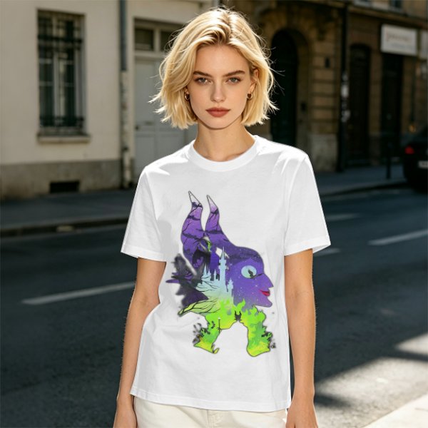 Olive green t-shirt with Maleficent fantasy silhouette graphic