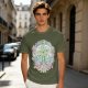 Olive Green Graphic T-Shirt With Whimsical Plant Creature And Floral Print