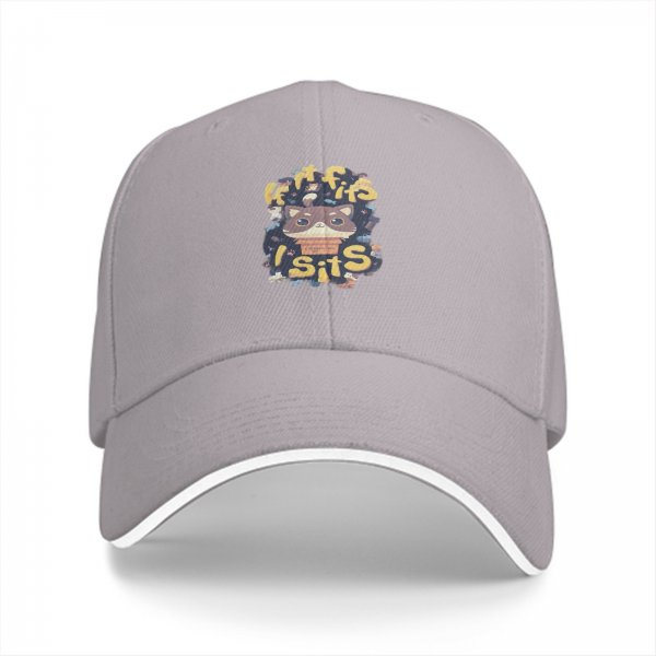 Black baseball cap with 'If it fits I sits' cat graphic print