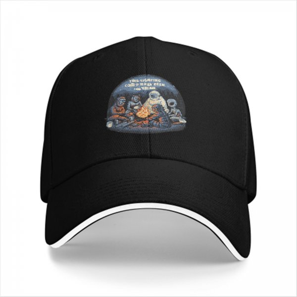 Black baseball cap with cryptid alien campfire graphic design