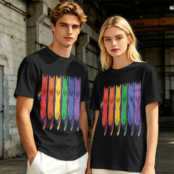 Olive T-Shirt With Rainbow Pride Cats Graphic