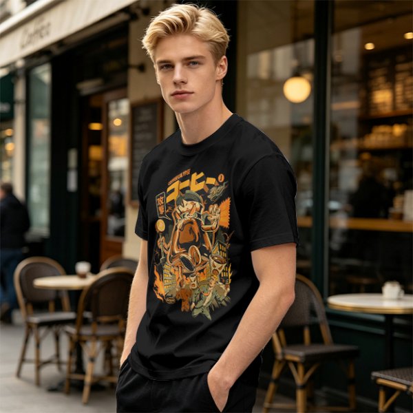 Olive Green T-Shirt with Retro Coffee Monster Graphic Print