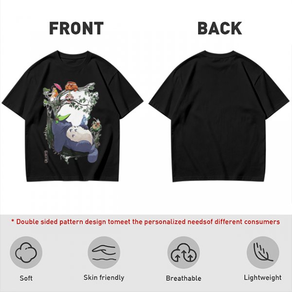 Olive green t-shirt with My Neighbor Totoro forest scene print