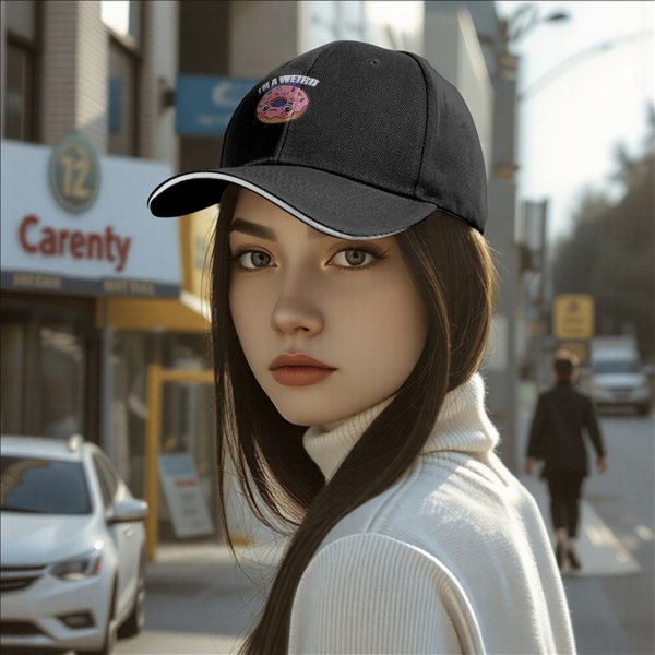 Black baseball cap with sad donut graphic and 'I'M A WEIRD' text