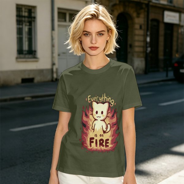 Olive Graphic T-Shirt With Everything Is On Fire Cat Design