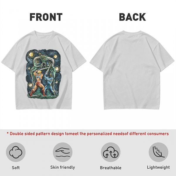 Olive T-shirt with Starry Night Style He-Man vs Skeletor Art