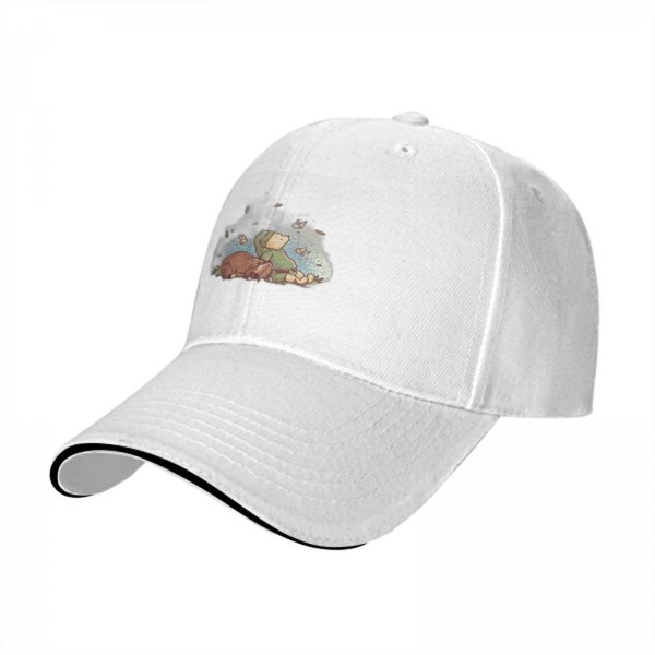 Black baseball cap with whimsical sleeping character and butterfly print