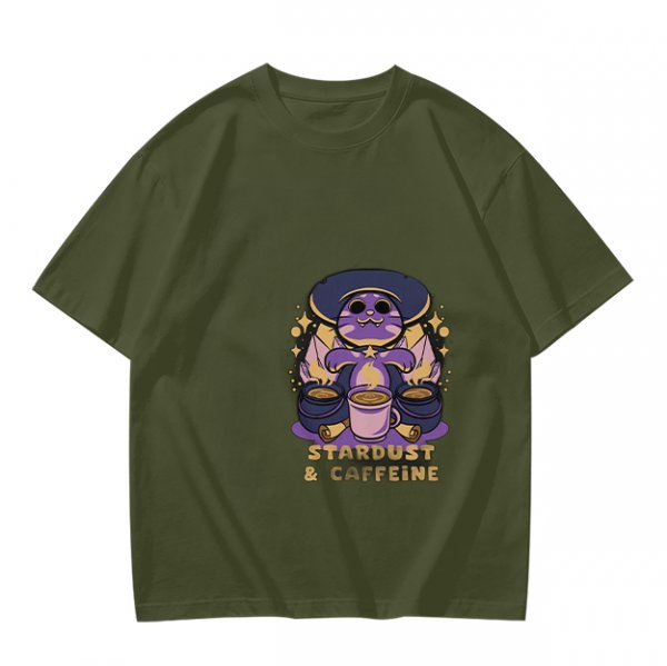 Olive Graphic T-Shirt with Wizard Cat and Stardust & Caffeine Print