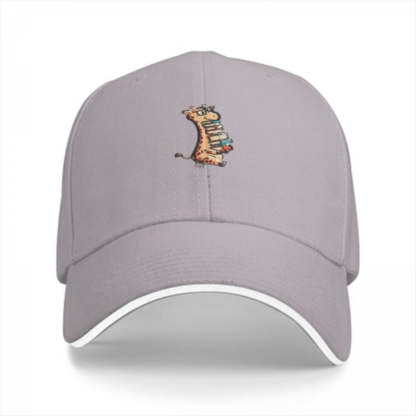 Black baseball cap with cute giraffe holding stack of books