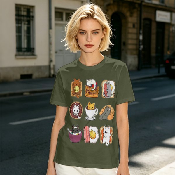 Olive T-Shirt With Cute Breakfast Cat Graphic Print