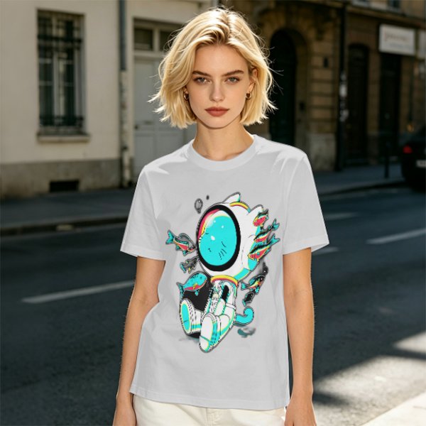 Olive T-Shirt with Astronaut Cat and Fish Graphic Print