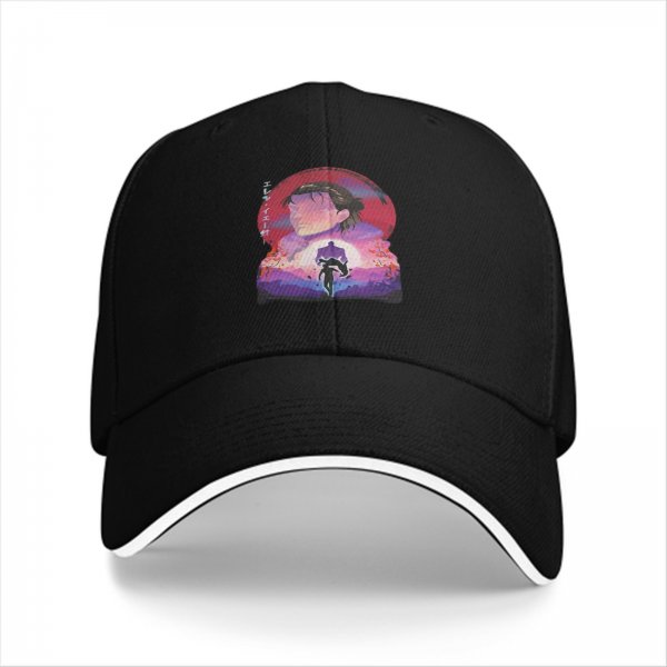 Black baseball cap with anime sunset graphic print