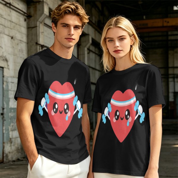 Olive T-Shirt With Cute Cartoon Heart Lifting Dumbbells Print