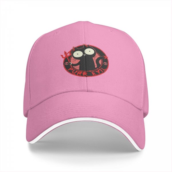 Black baseball cap with devil cat 'Purr Evil' graphic print