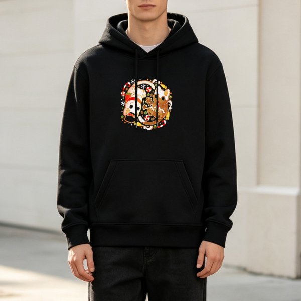 Black Hoodie With Festive Christmas Cat Gingerbread Cookie Print