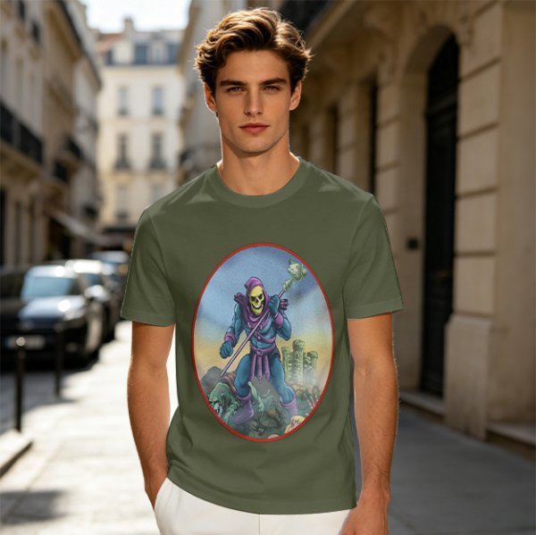 Olive T-Shirt Featuring Skeletor Holding His Havoc Staff