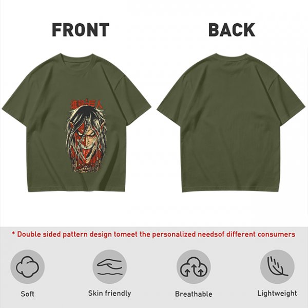 Olive green anime t-shirt with Attack on Titan printed design
