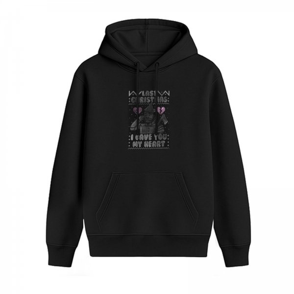 Black hoodie with Last Christmas Tin Man broken heart graphic