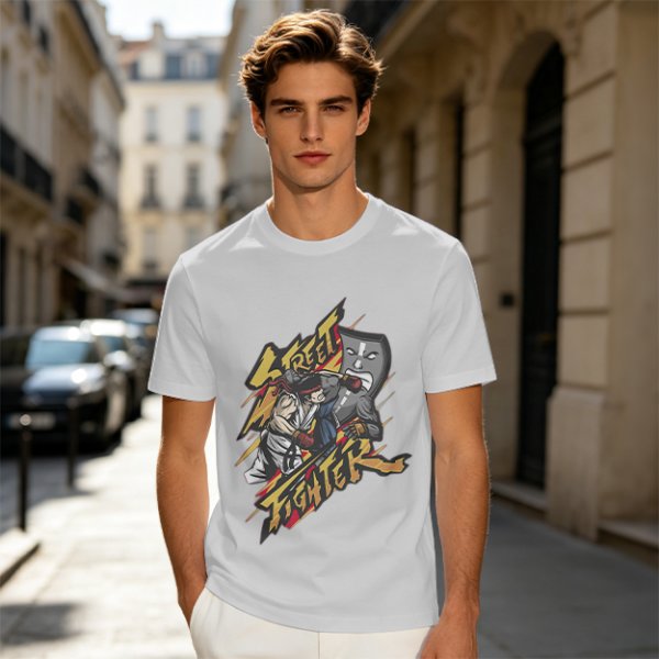 Olive Street Fighter Graphic T-Shirt with Fighting Character Art