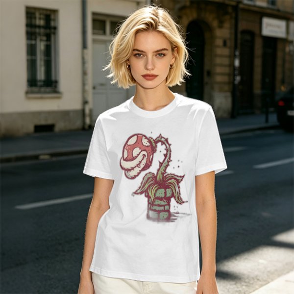 Olive Green T-Shirt With Piranha Plant Graphic Print