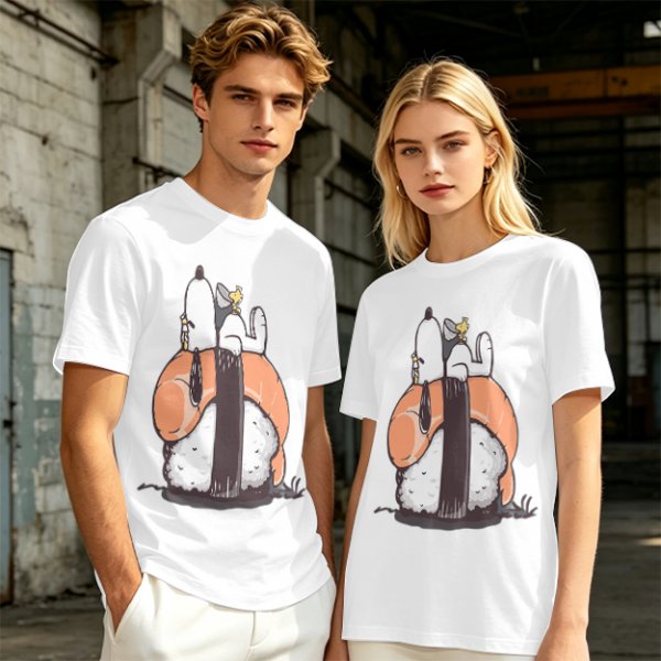 Olive t-shirt with Snoopy and Woodstock sushi print