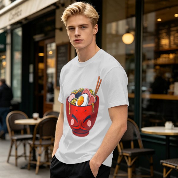 Olive T-Shirt With Cute Cartoon Ramen Bowl Graphic