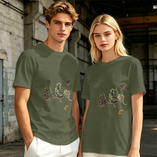 Olive Green T-Shirt With Knight Vs Rooster Fantasy Graphic Print