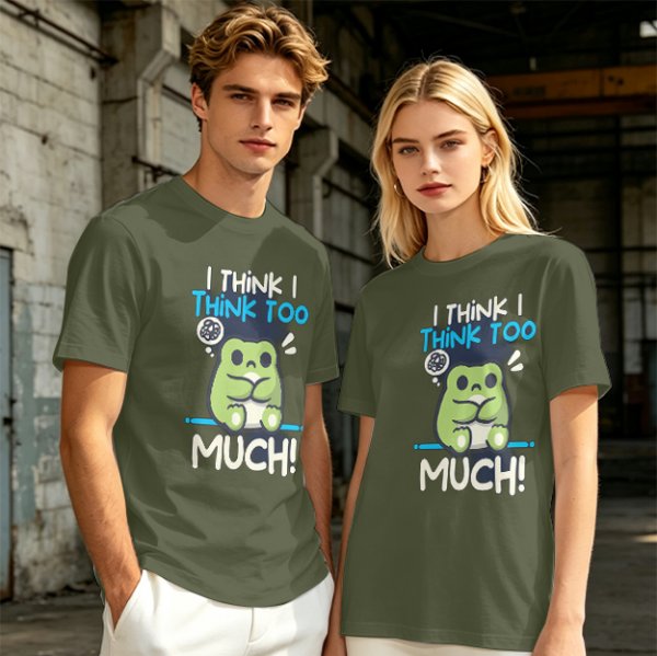 Olive t-shirt with 'I think I think too much' anxious frog print