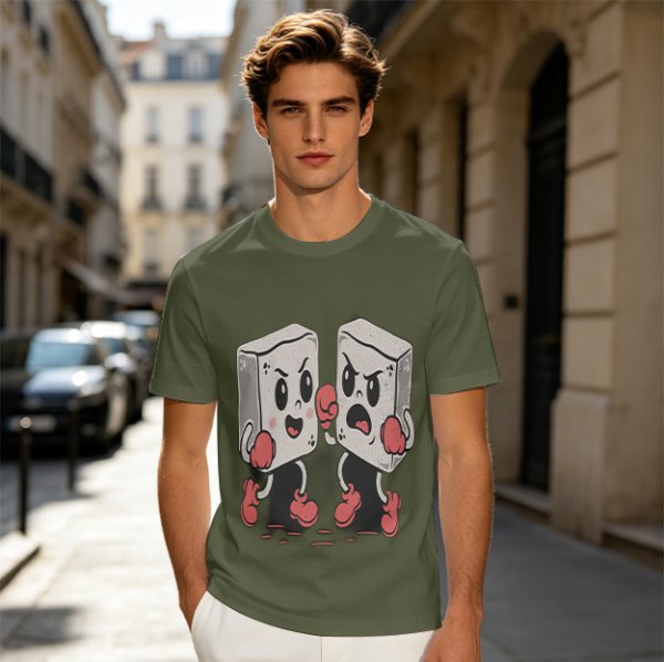 Olive T-Shirt With Retro Cartoon Fighting Ice Cubes Graphic