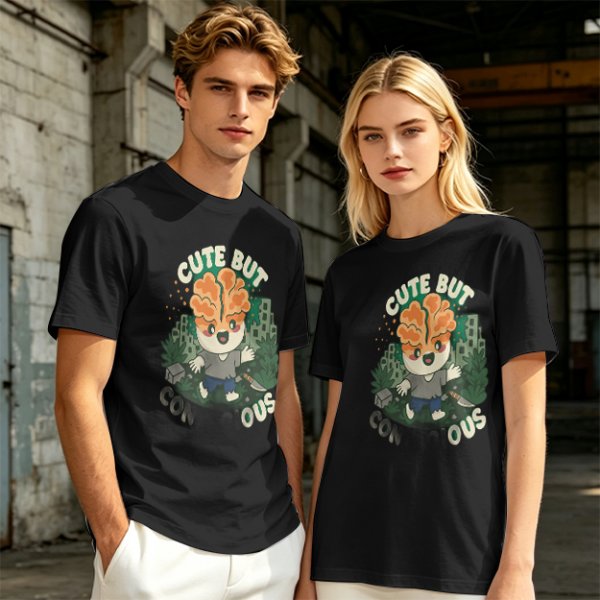 Olive t-shirt with cute brain character and 'Cute But Ous' print