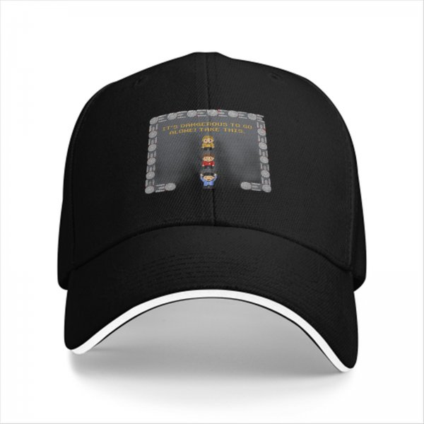 Black baseball cap with Zelda 'It's dangerous to go alone' pixel art design
