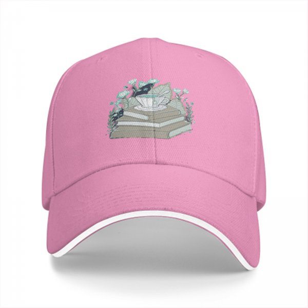 Black baseball cap with teacup on books and botanical print