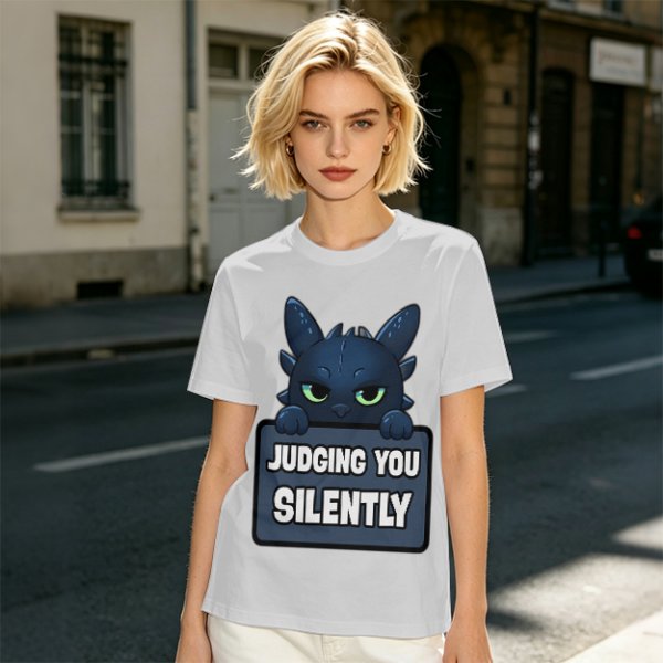 Olive t-shirt featuring Toothless the dragon judging you silently