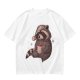 Olive T-Shirt With Raccoon In Santa Hat Holding Mug Print
