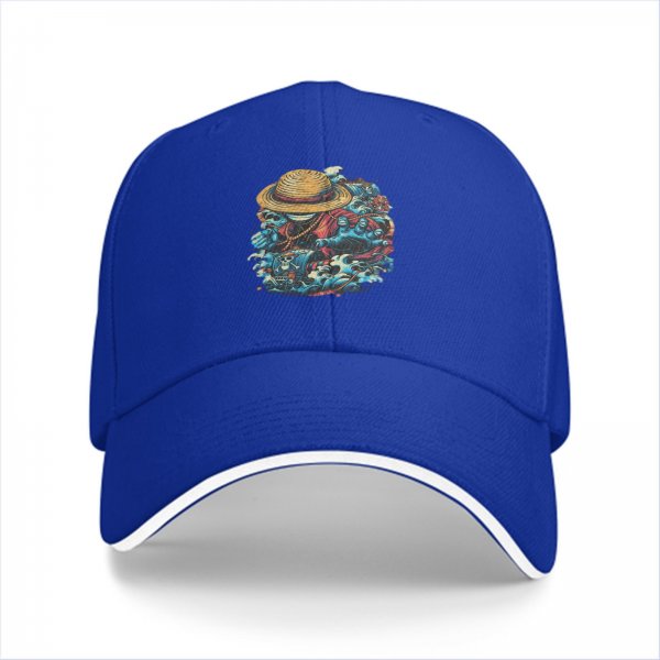 Black Baseball Cap with One Piece Straw Hat Pirate Graphic