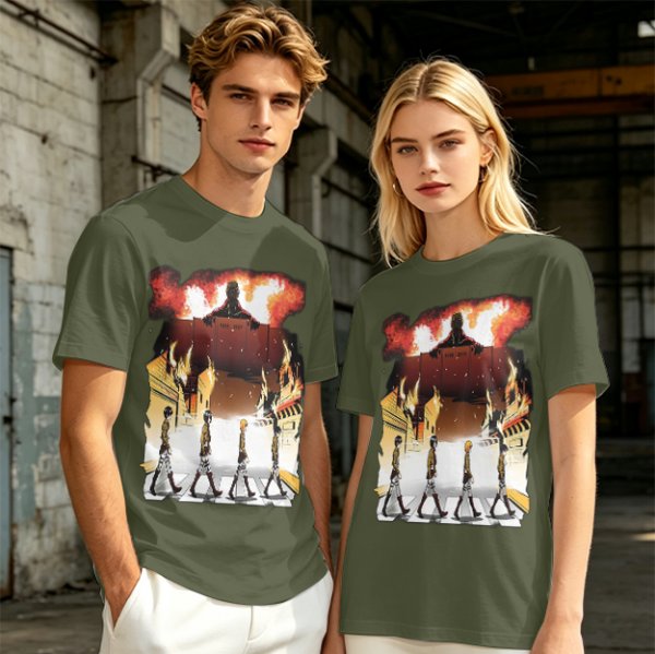 Olive T-Shirt With Anime Characters Crossing Burning Street Print